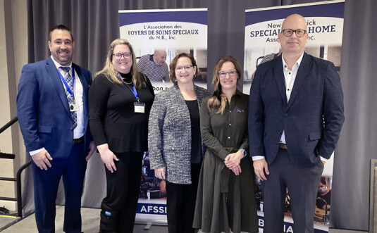 From left to right, Kevin Vienneau, vice-president of the New Brunswick Association of Special Care Home; Cheyanne Culbert, CEO of Beacon Clinical Group and organizer of the event; Sharon Smyth-Okana, Senior Vice-President of Client Programs and Nursing of Vitalité Health Network; Dr. France Desrosiers, CEO of Vitalité Health Network; and Frédéric Finn, Vice-President of Employee Experience, Vitalité Health Network