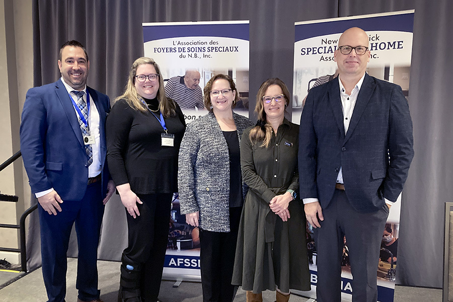 From left to right, Kevin Vienneau, vice-president of the New Brunswick Association of Special Care Home; Cheyanne Culbert, CEO of Beacon Clinical Group and organizer of the event; Sharon Smyth-Okana, Senior Vice-President of Client Programs and Nursing of Vitalité Health Network; Dr. France Desrosiers, CEO of Vitalité Health Network; and Frédéric Finn, Vice-President of Employee Experience, Vitalité Health Network